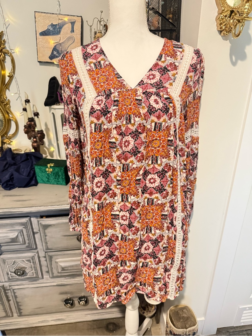 Boho Floral V-Neck Tunic Dress in Rust Pink